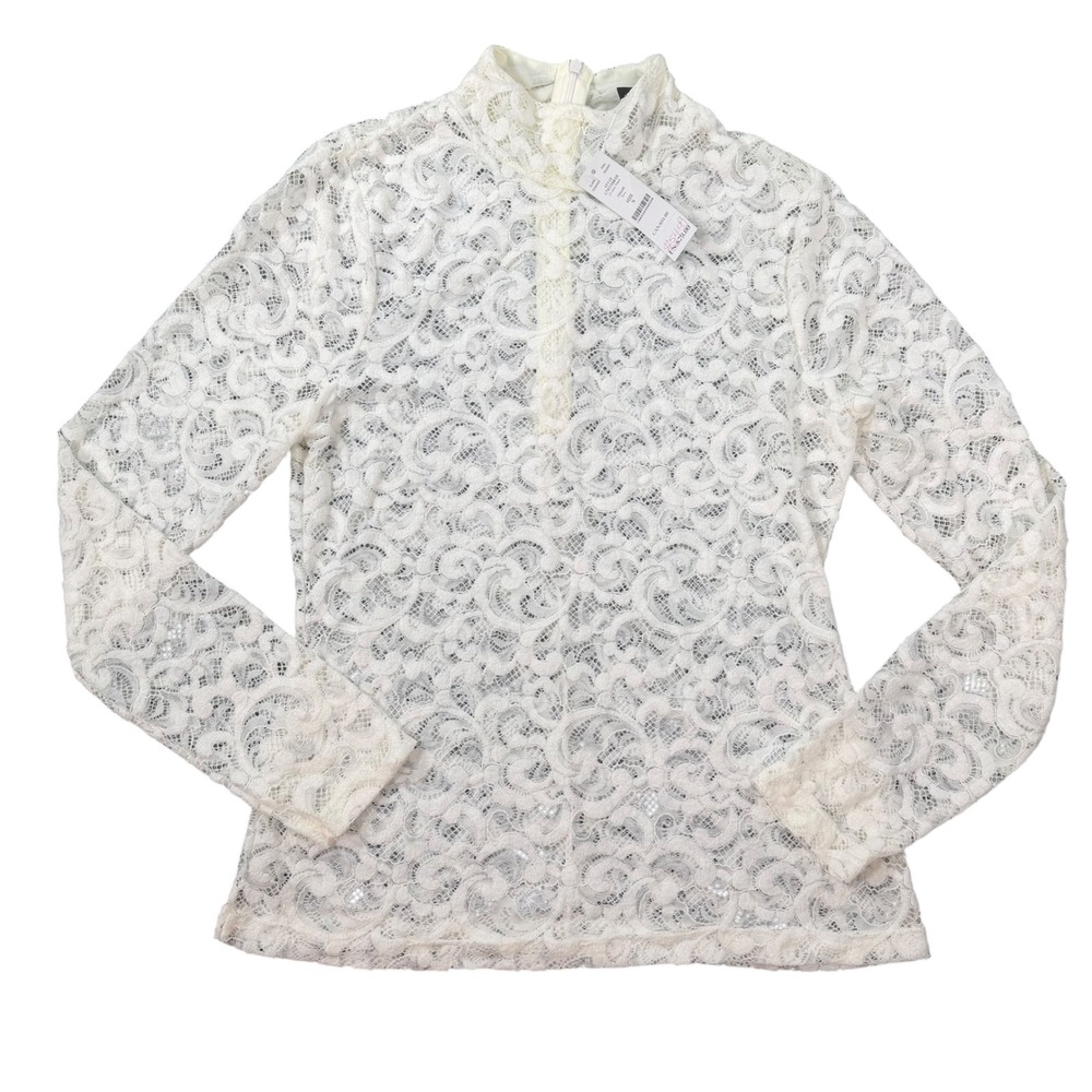 White House Black Market Long Sleeve Lace Turtleneck Floral Sheer Top Size S